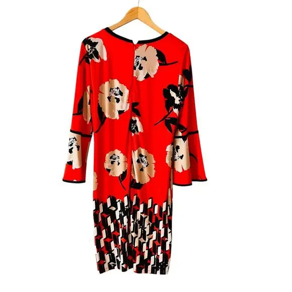 Calvin Klein Floral Printed Bell Sleeves Sheath Dress Size L Large Red Multi - Picture 2 of 6